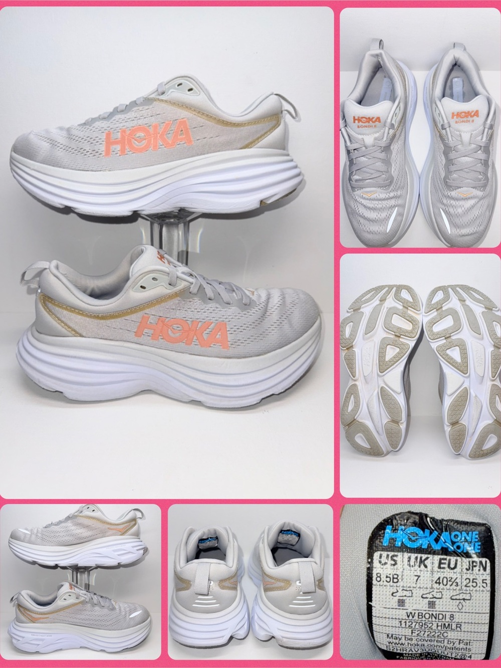 Hoka Women's Bondi 8 Sneakers — Light Gray with Peach Logo